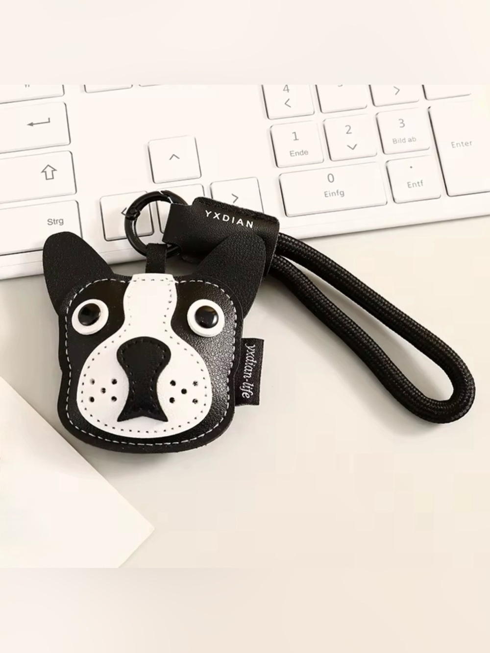 Black & White Dog Face Keychain with Wrist Strap